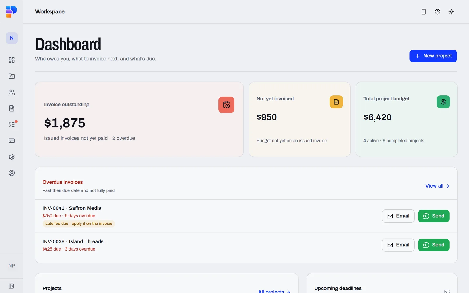 The PlanBrix dashboard: money outstanding, what's not invoiced yet, overdue invoices with Email and Send buttons